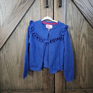 Mini Boden Metallic Blue Ruffle Cardigan